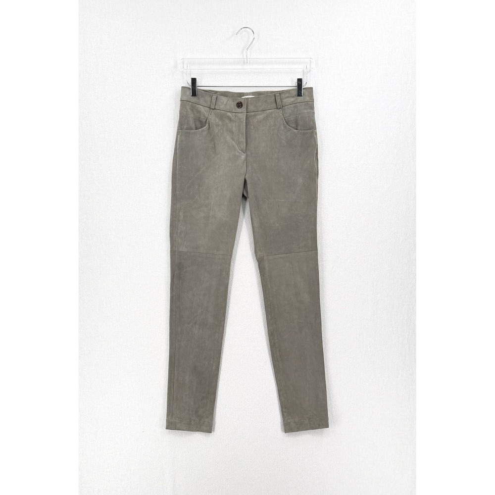 Brunello Cucinelli Suede Pant Women 6 Gray Leather Trousers Slim Skinny Mid Rise